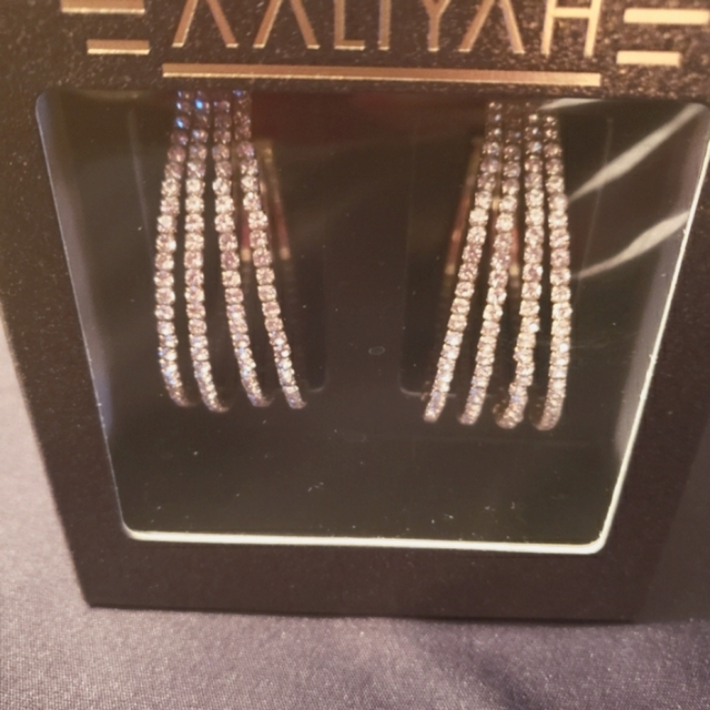 Ladies 3" Large Hoop, 4 Row Rhinestone Earrings, Goldtone